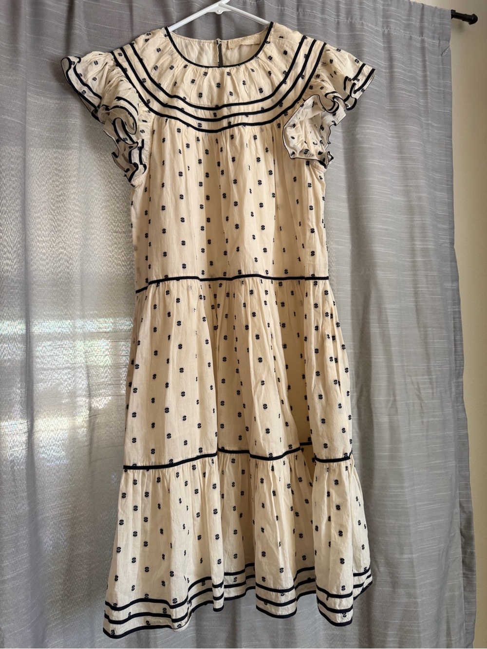 Ulla Johnson Cream Ruffle Polka Dot Midi Dress with Black Embroidery